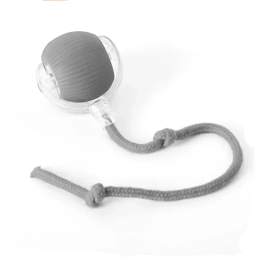 Gray silicone pacifier with a rope on a white background